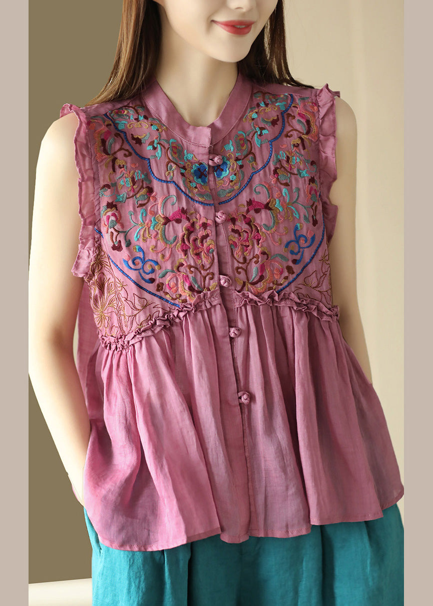 Art Pink Embroidered Floral Ramie Shirts Sleeveless