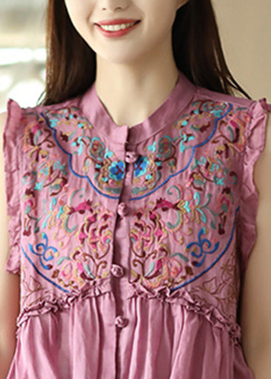 Art Pink Embroidered Floral Ramie Shirts Sleeveless