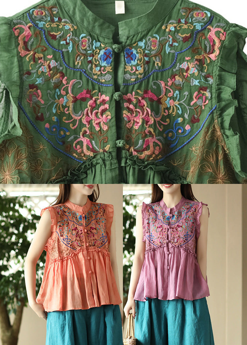 Art Pink Embroidered Floral Ramie Shirts Sleeveless