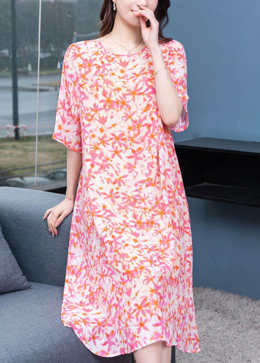 Art Pink O Neck Print Patchwork Chiffon Dresses Summer
