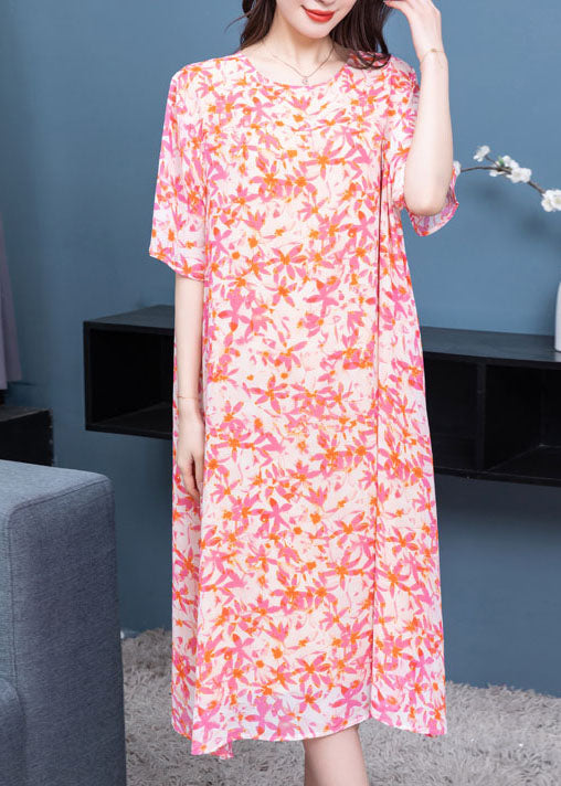 Art Pink O Neck Print Patchwork Chiffon Dresses Summer