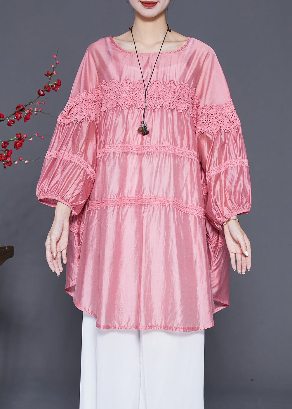 Art Pink Oversized Lace Patchwork Chiffon Vacation Dress Summer