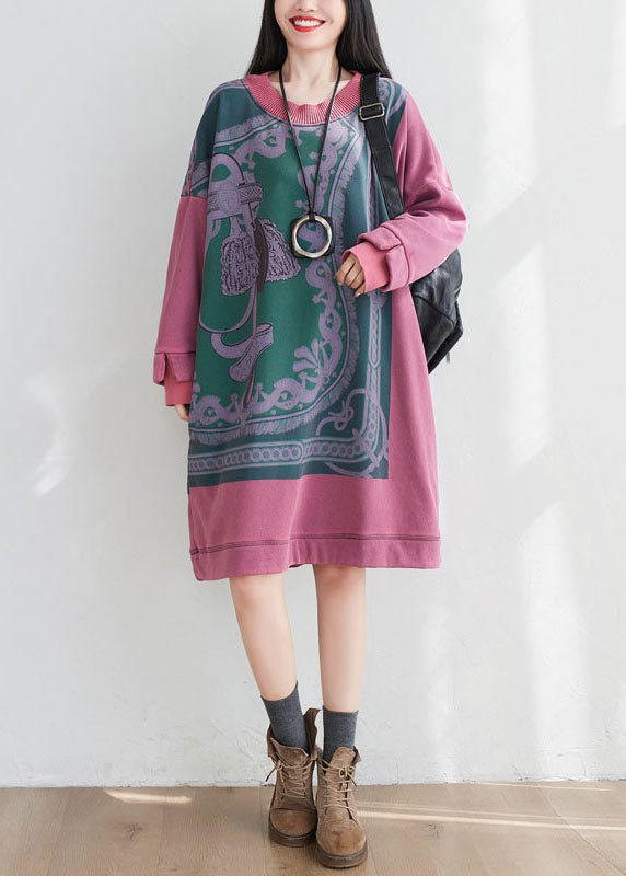 Art Pink Oversized Print Cotton Pullover Sweatshirt Dress Spring