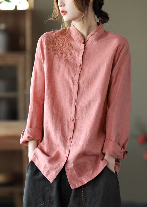 Art Pink Stand Collar Embroidered Button Linen Shirts Long Sleeve