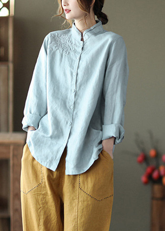 Art Pink Stand Collar Embroidered Button Linen Shirts Long Sleeve