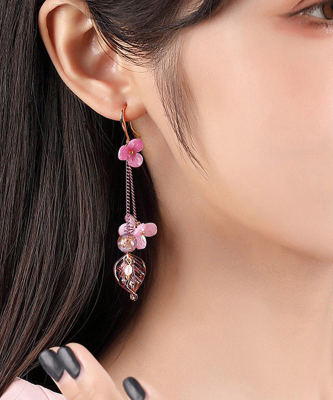 Art Pink Sterling Silver Floral Water Drop Drop Earrings