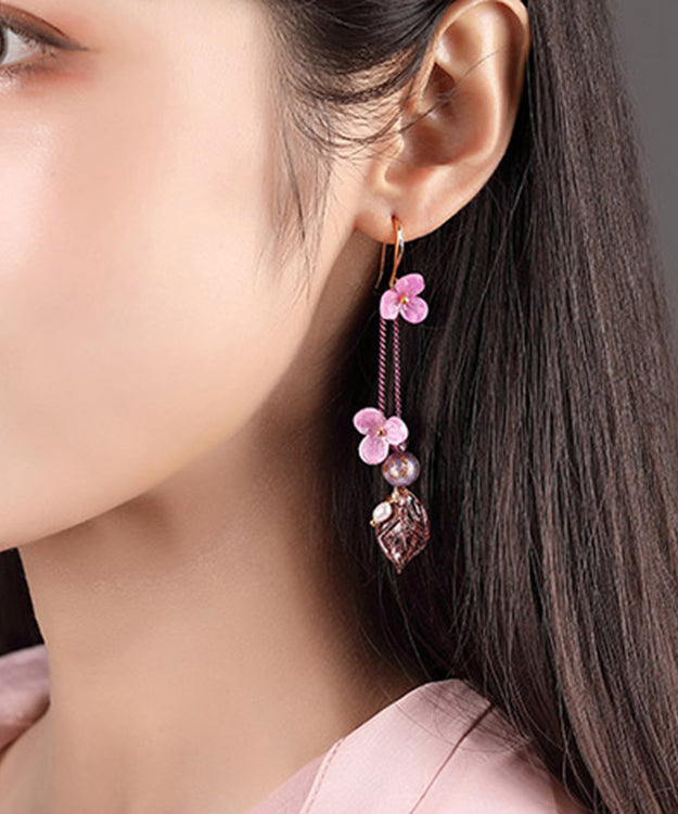 Art Pink Sterling Silver Floral Water Drop Drop Earrings