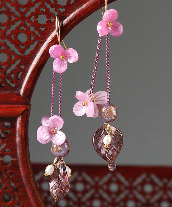 Art Pink Sterling Silver Floral Water Drop Drop Earrings