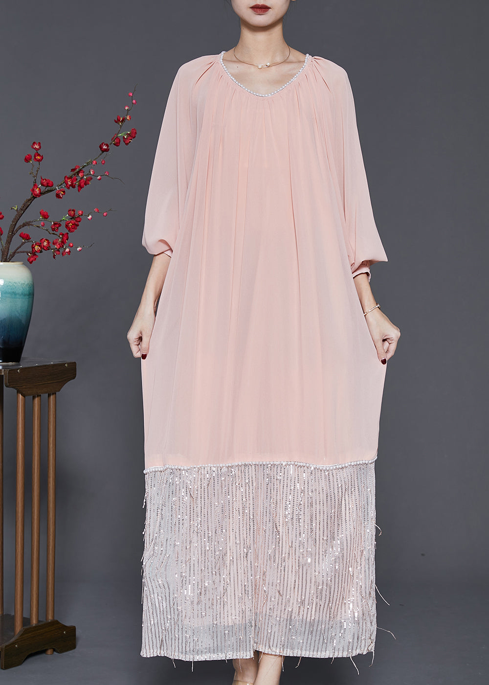 Art Pink Tasseled Patchwork Chiffon Ankle Dress Spring