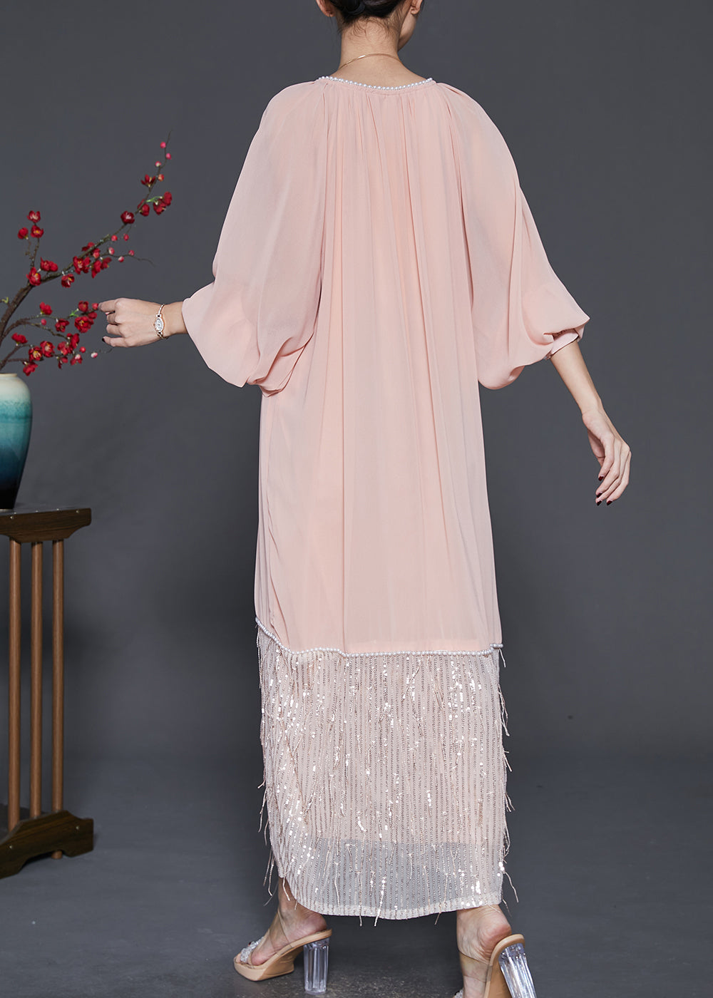 Art Pink Tasseled Patchwork Chiffon Ankle Dress Spring