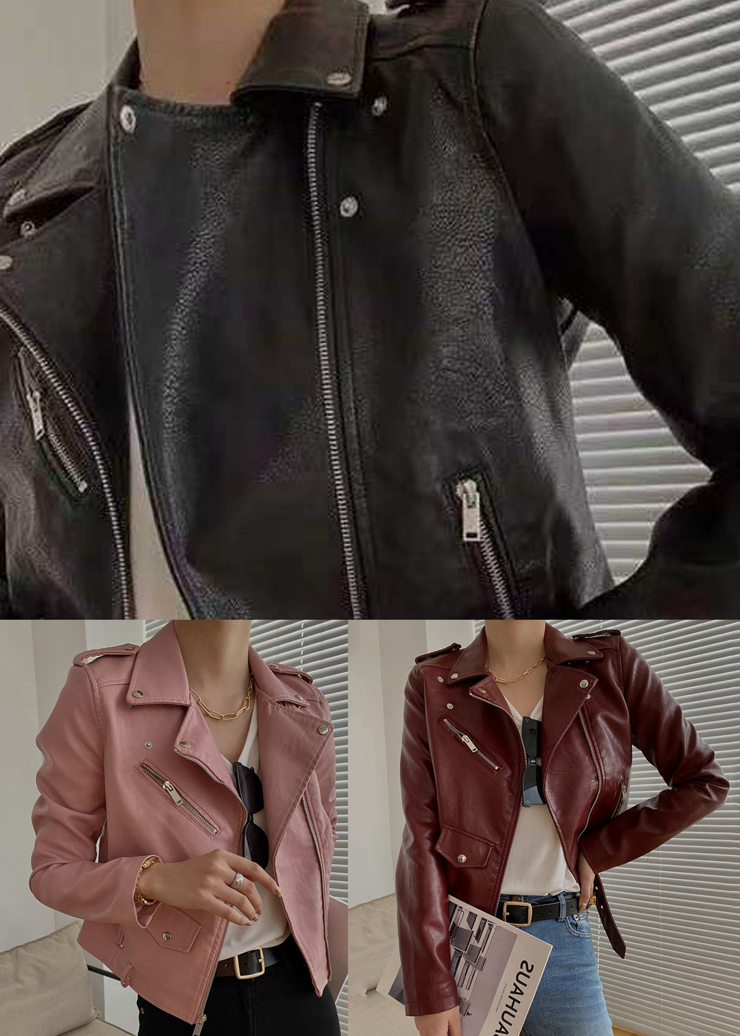 Art Pink Zip Up Pockets Patchwork Faux Leather Jacket Fall