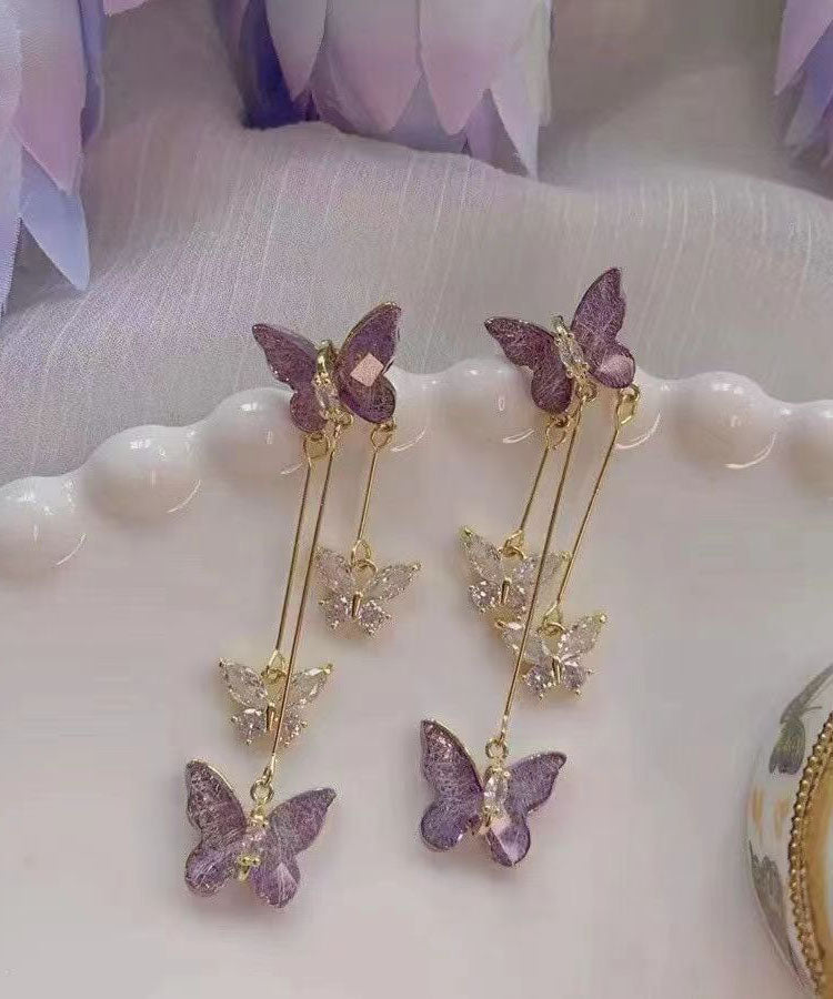 Art Purple Alloy Crystal Butterfly Tassel Drop Earrings