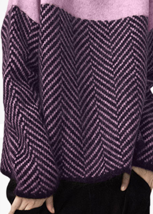 Art Purple High Neck Oversized Patchwork Wool Short Sweater Winter