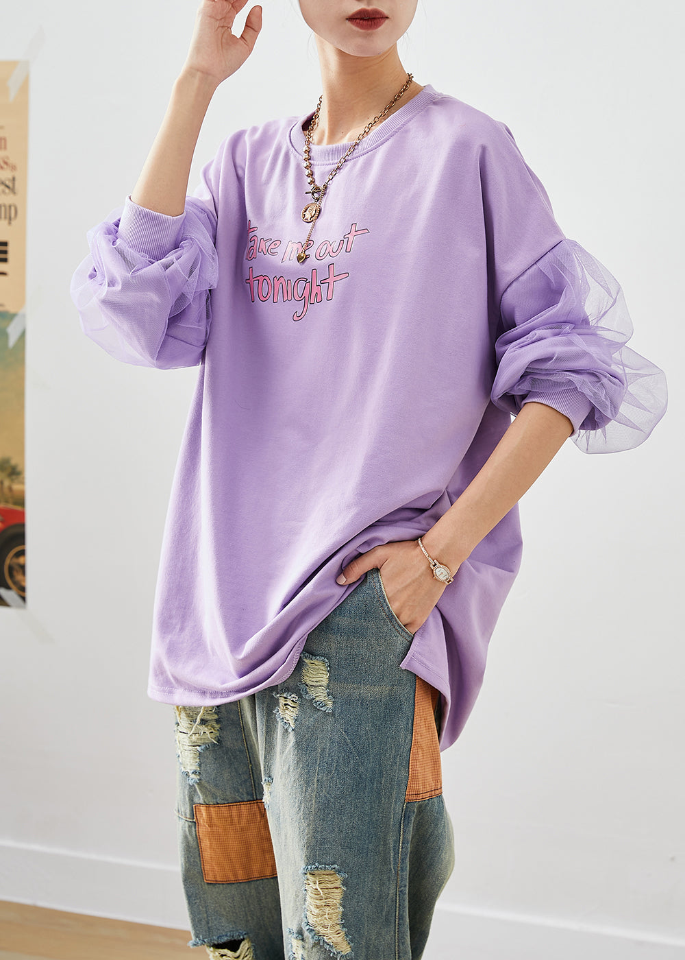 Art Purple Oversized Patchwork Cotton Pullover Streetwear Fall