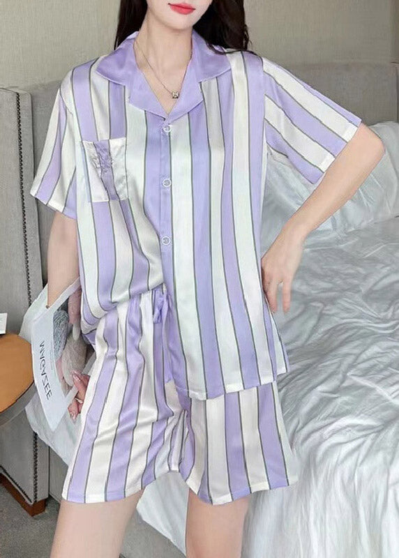 Art Purple Peter Pan Collar Striped Button Ice Silk Pajamas Two Pieces Set Summer