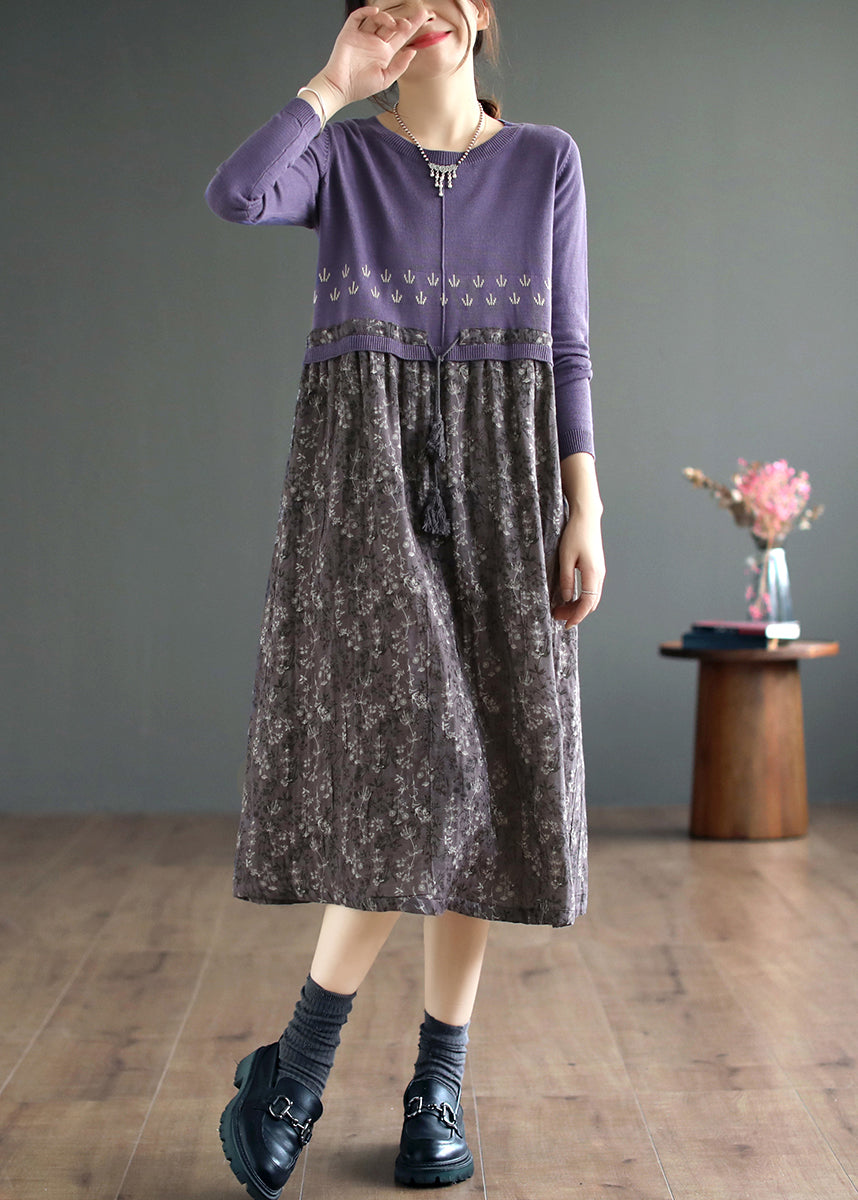 Art Purple Print Lace Up Patchwork Knitting Long Dress Fall
