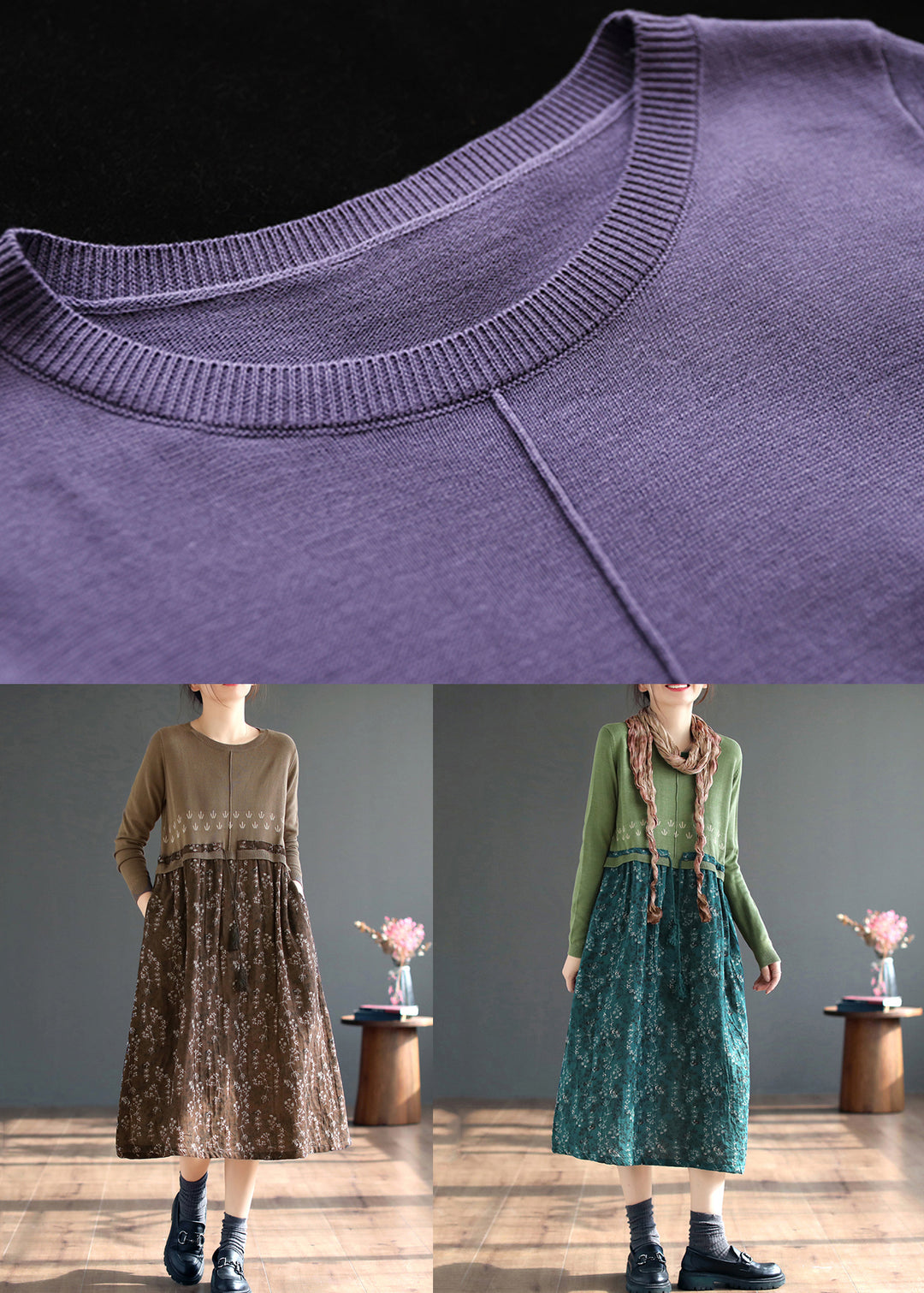 Art Purple Print Lace Up Patchwork Knitting Long Dress Fall