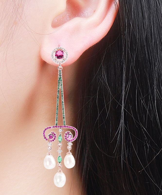 Art Purple Sterling Silver Pearl Zircon Water Drop Tassel Drop Earrings