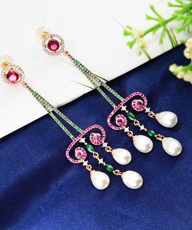 Art Purple Sterling Silver Pearl Zircon Water Drop Tassel Drop Earrings