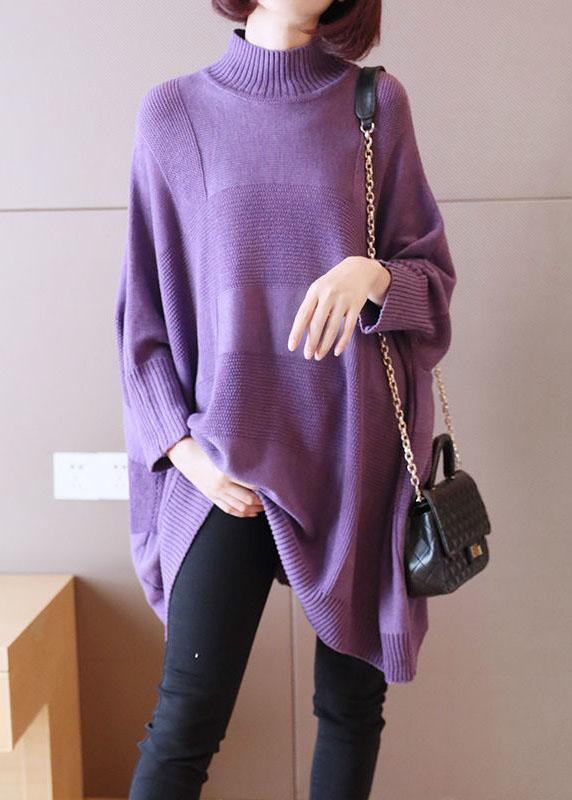 Art Purple Turtleneck Solid Loose Fall Long Sweater - Omychic