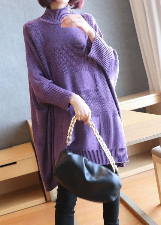 Art Purple Turtleneck Solid Loose Fall Long Sweater - Omychic