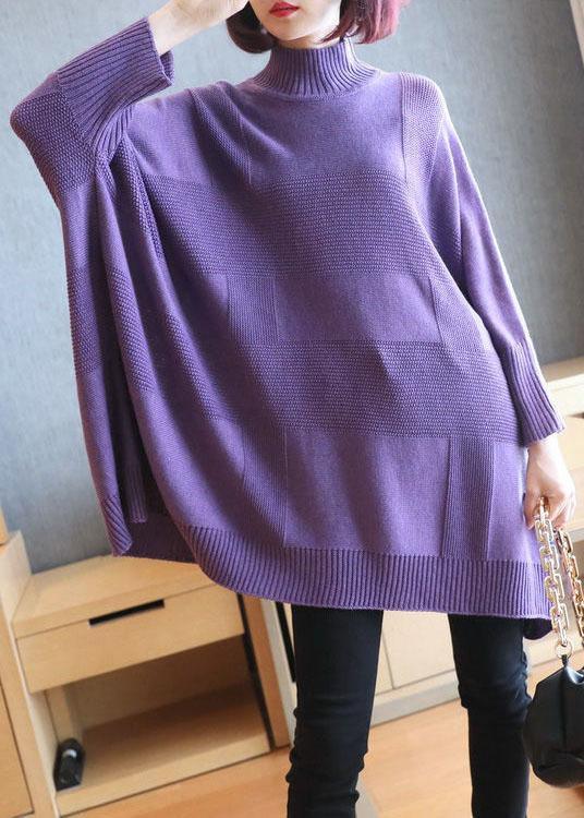 Art Purple Turtleneck Solid Loose Fall Long Sweater - Omychic