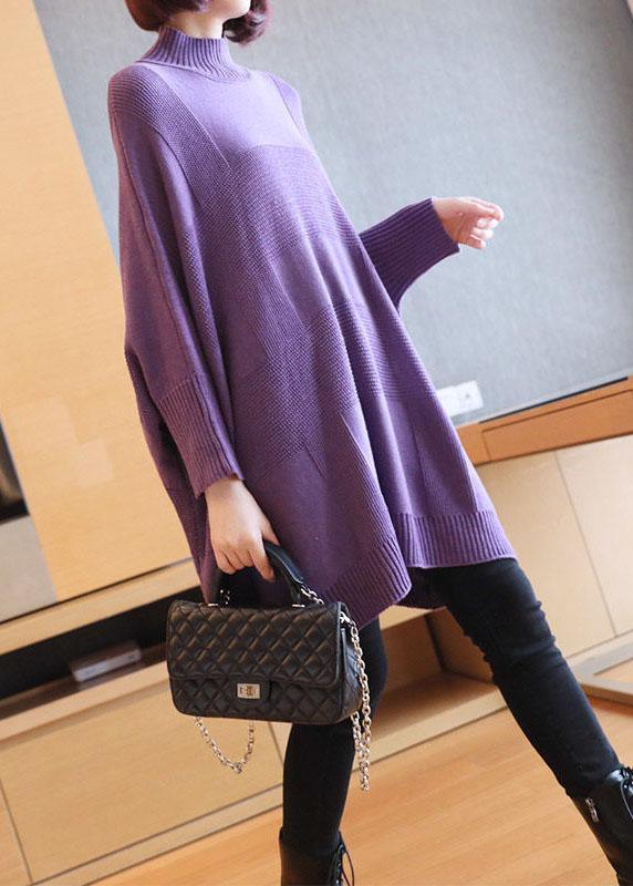 Art Purple Turtleneck Solid Loose Fall Long Sweater - Omychic