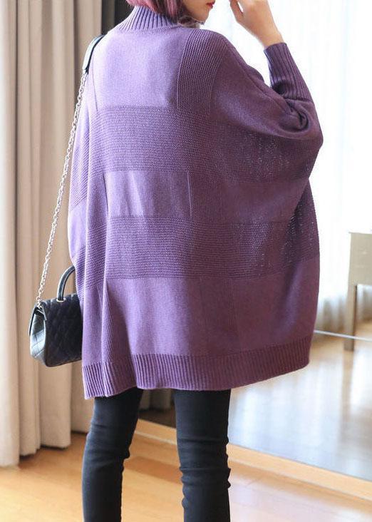 Art Purple Turtleneck Solid Loose Fall Long Sweater - Omychic