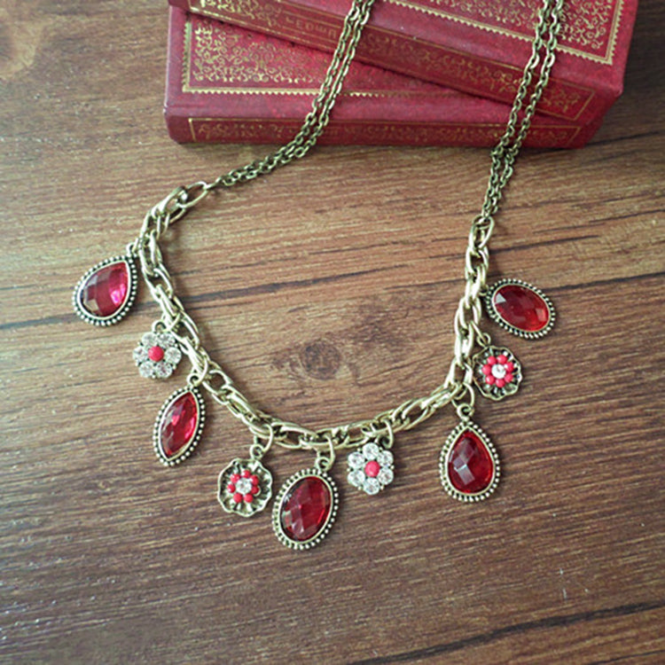 Art Red Alloy Gem Stone Zircon Pendant Necklace