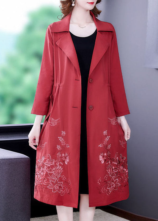 Art Red Notched Collar Pockets Spandex Trench Coat Outwear Fall