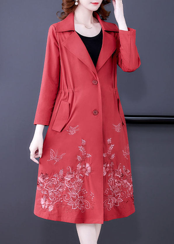 Art Red Notched Collar Pockets Spandex Trench Coat Outwear Fall