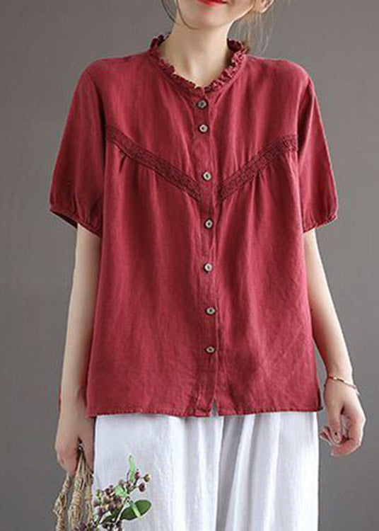 Art Red O-Neck Embroidered Floral Button Linen Shirt Lantern Sleeve