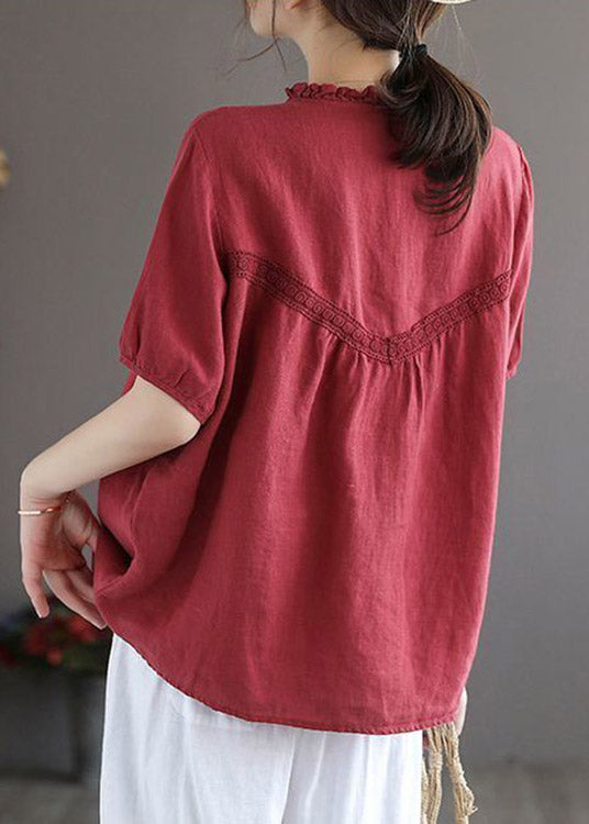 Art Red O-Neck Embroidered Floral Button Linen Shirt Lantern Sleeve