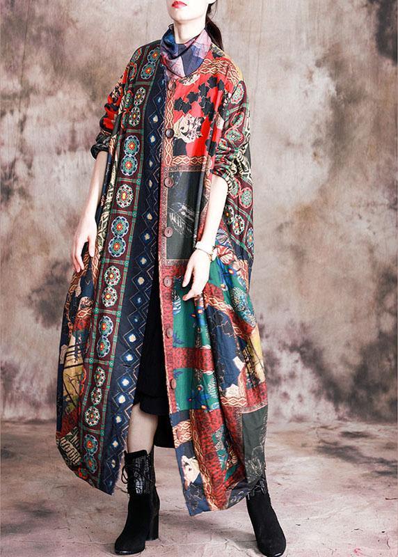 Art Red Print Button Patchwork asymmetrical design Fall Coats Long sleeve - Omychic