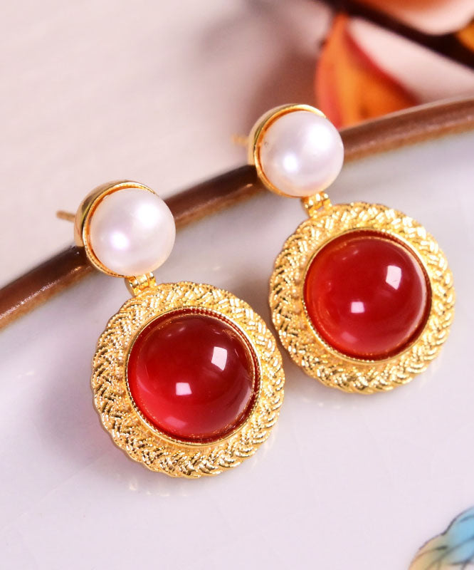 Art Red Sterling Silver Overgild Pearl Agate Stud Earrings