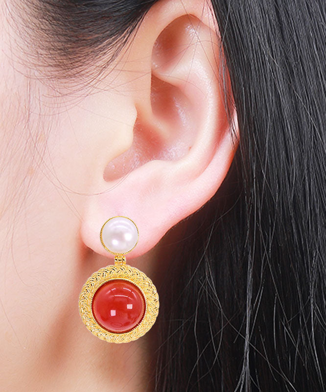 Art Red Sterling Silver Overgild Pearl Agate Stud Earrings