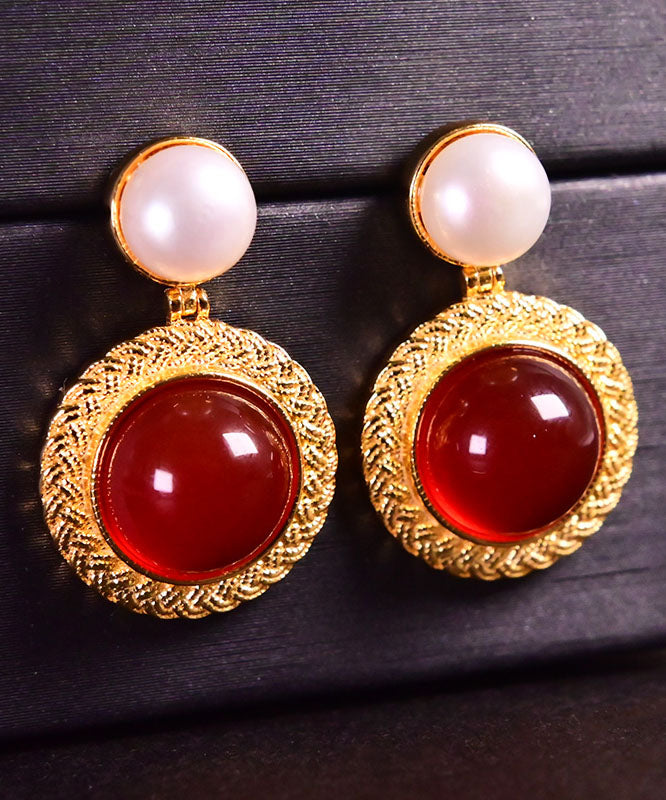 Art Red Sterling Silver Overgild Pearl Agate Stud Earrings