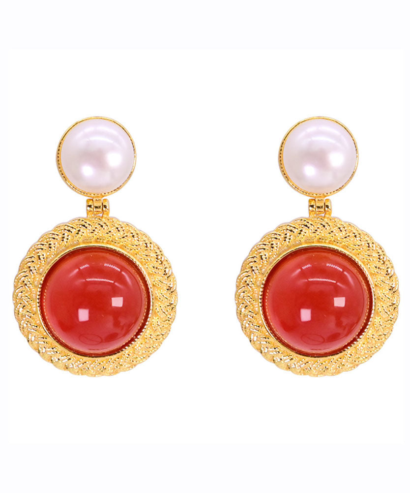 Art Red Sterling Silver Overgild Pearl Agate Stud Earrings
