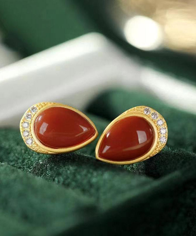 Art Red Sterling Silver Zircon Agate Water Drop Stud Earrings