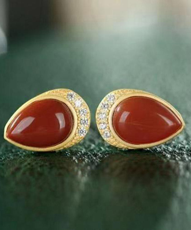 Art Red Sterling Silver Zircon Agate Water Drop Stud Earrings