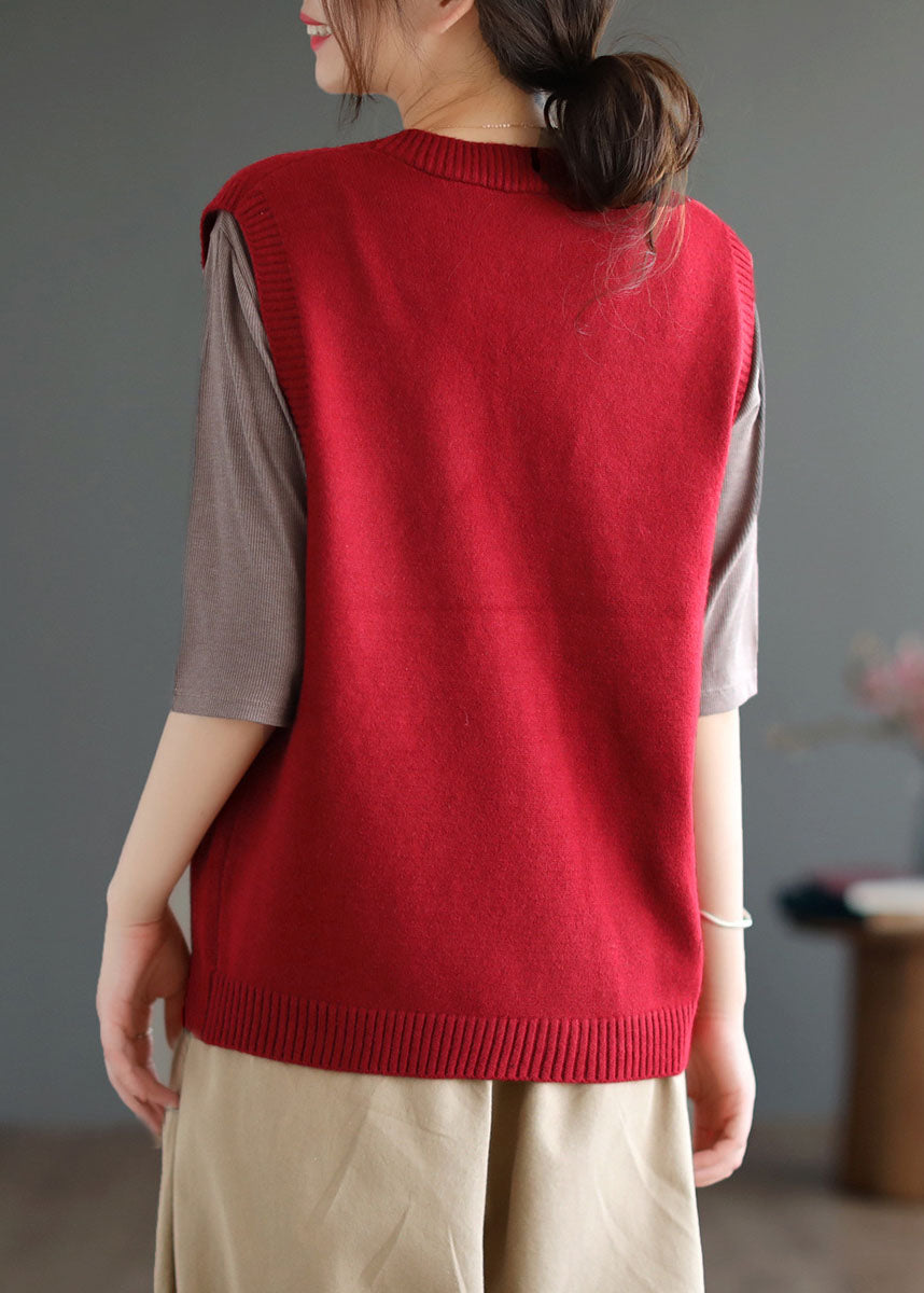 Art Red V Neck Cartoon Jacquard Knit Vest Tops Winter