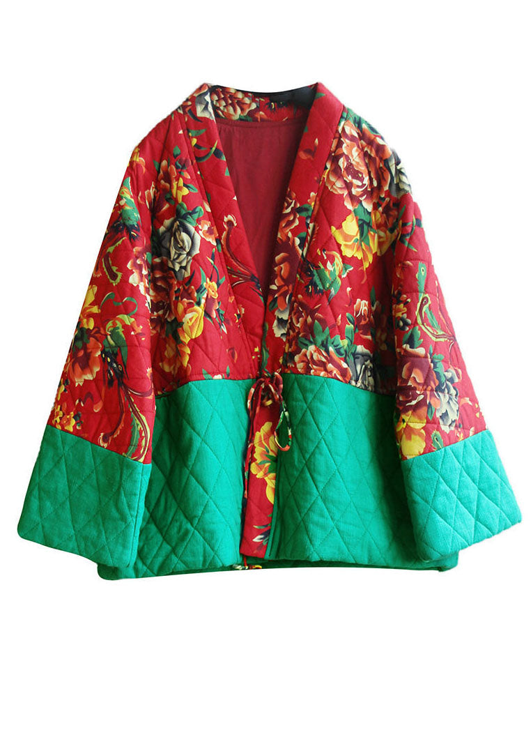 Art Red V Neck Print Patchwork Lace Up Fine Cotton Filled Witner Coat