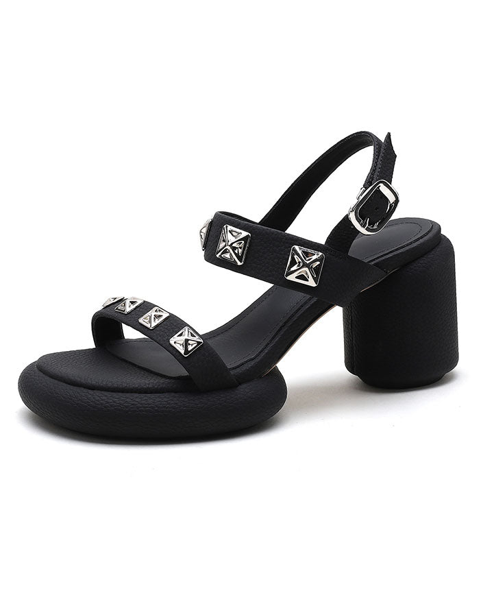 Art Rivet Buckle Strap Splicing Chunky Sandals Black Cowhide Leather