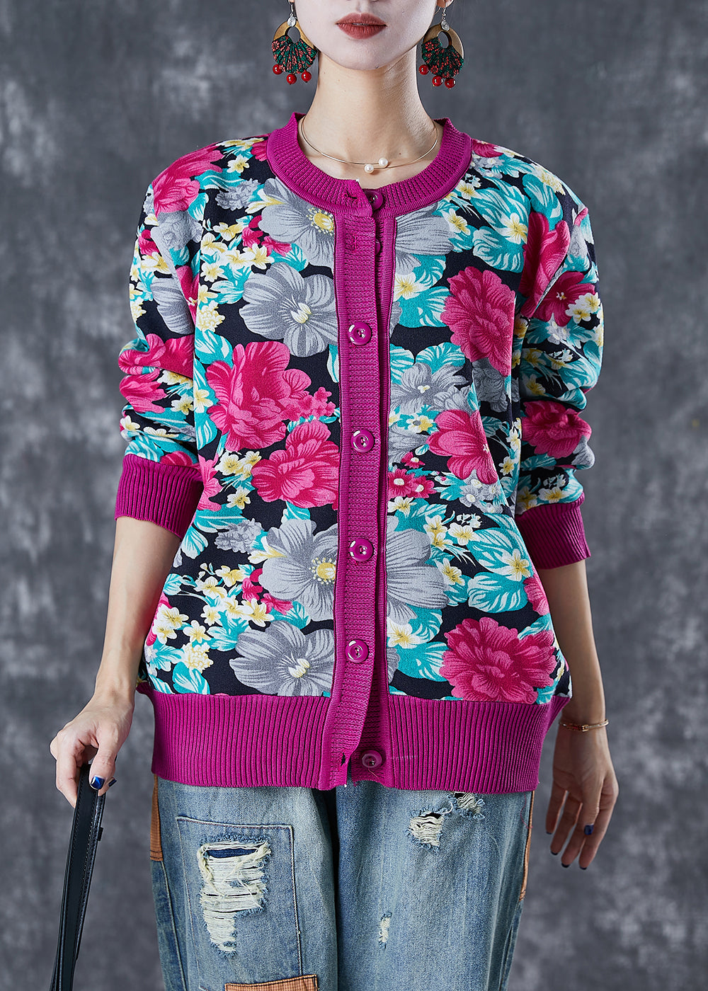 Art Rose Floral Print Thick Knit Sweaters Winter