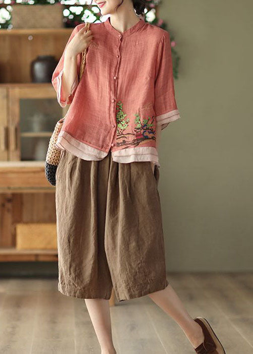 Art Rubber Red Embroidered Patchwork Linen Shirt Tops Summer