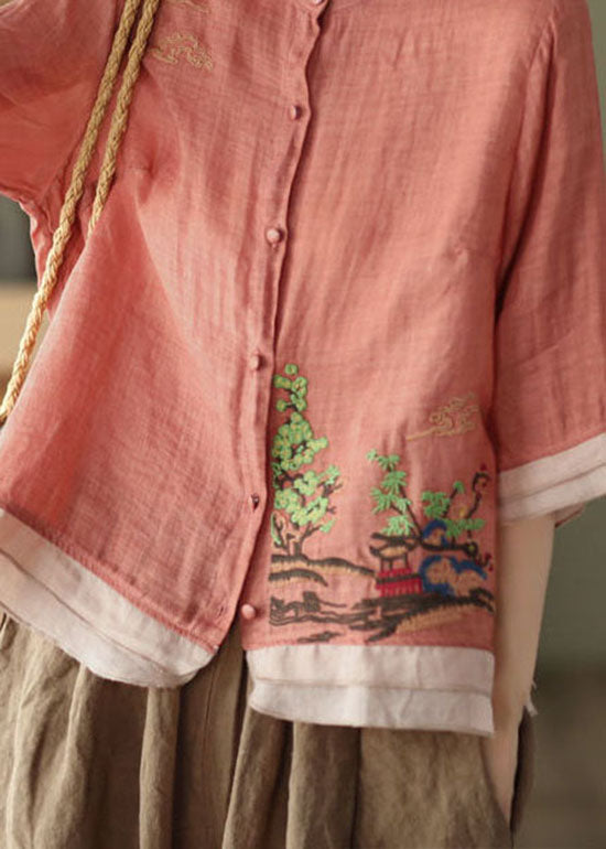 Art Rubber Red Embroidered Patchwork Linen Shirt Tops Summer