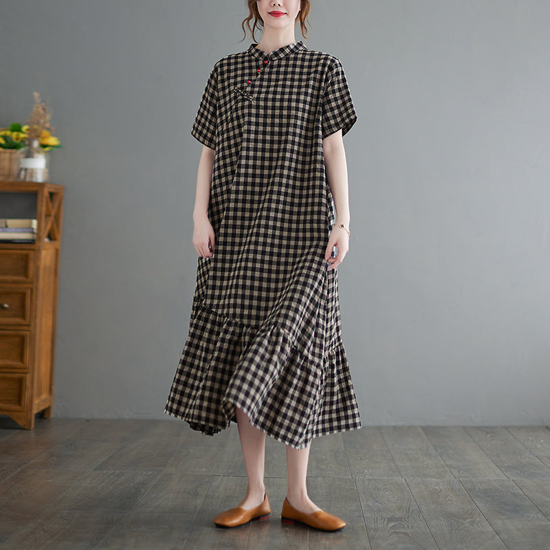 Art Small Plaid Stand Collar Ruffles Linen Dresses Short Sleeve