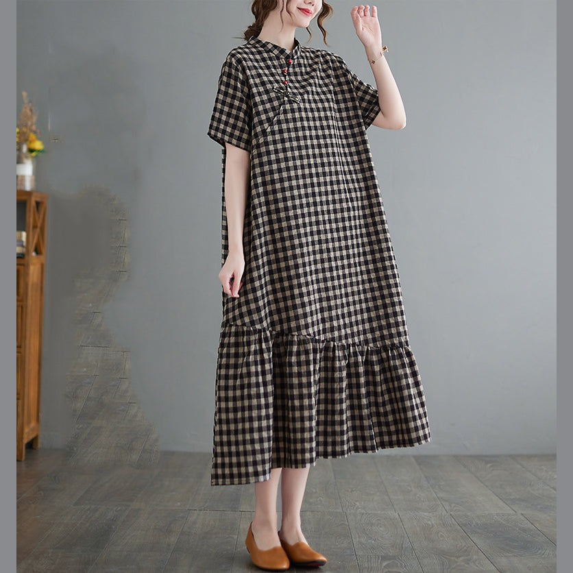 Art Small Plaid Stand Collar Ruffles Linen Dresses Short Sleeve