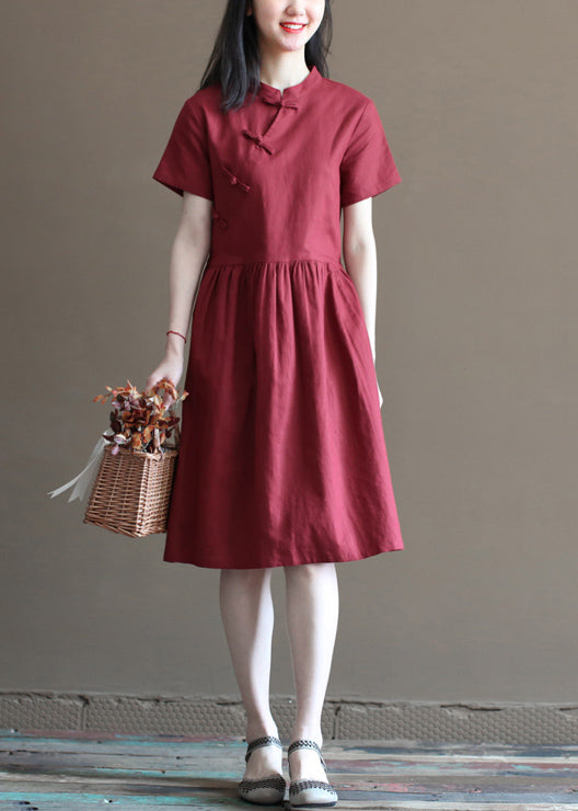 Art Solid Mulberry Stand Collar Cinched Pockets Linen Mid Dress Short Sleeve