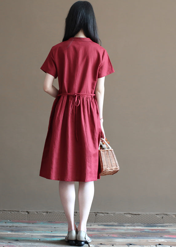 Art Solid Mulberry Stand Collar Cinched Pockets Linen Mid Dress Short Sleeve